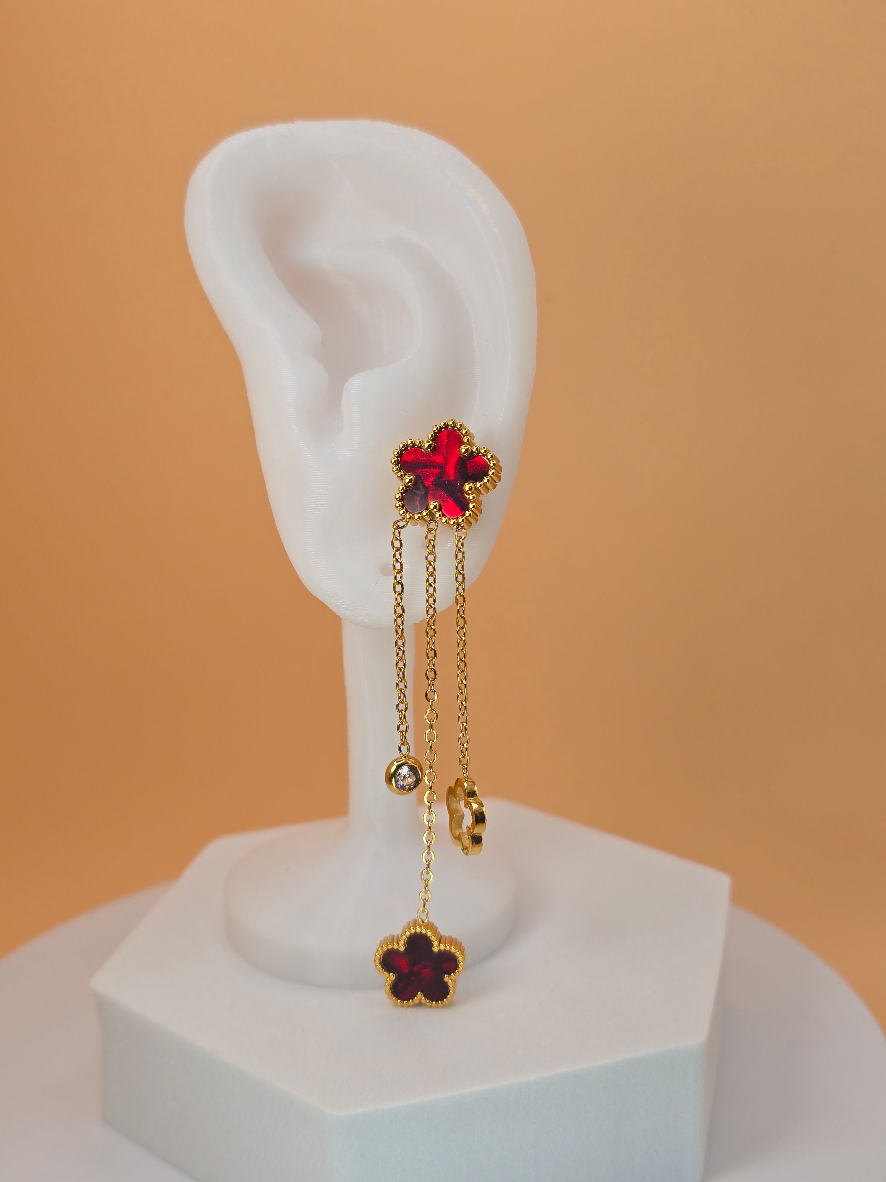 Orecchino Clover Cascade Ruby Gold ✨